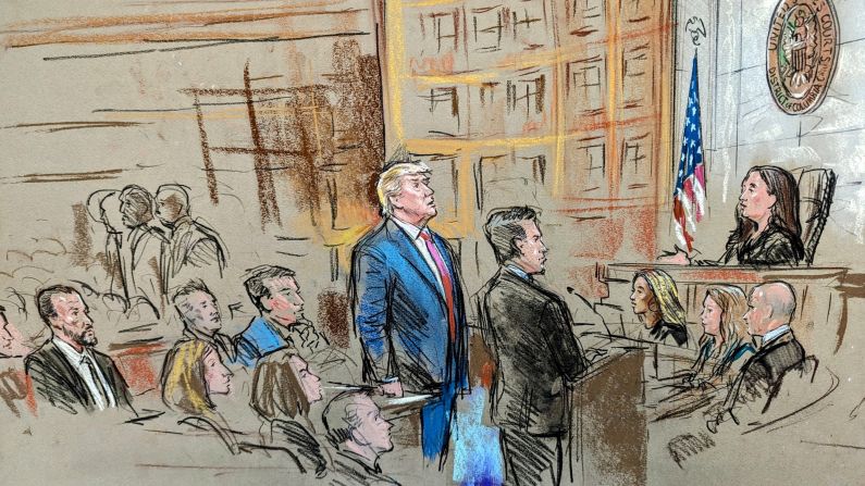 Former President Donald Trump pleads not guilty to four criminal charges related to his efforts to overturn the 2020 presidential election on August 3, 2023.