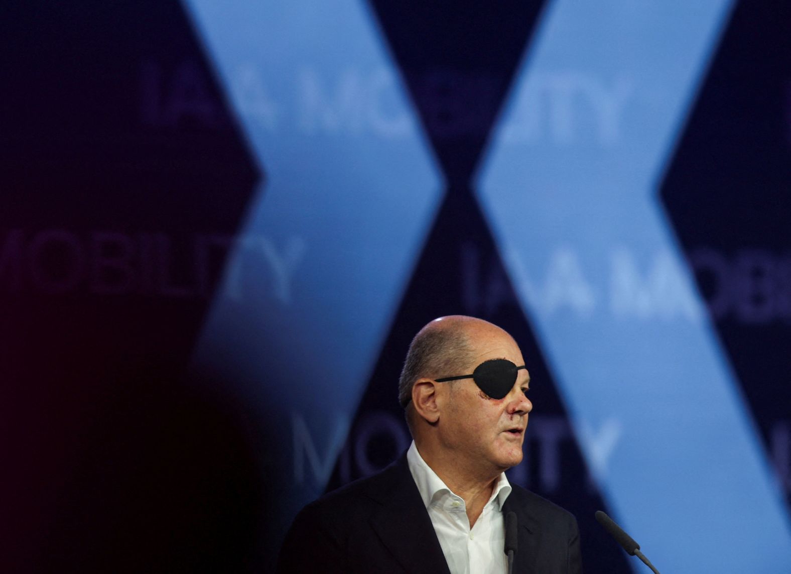 German Chancellor Olaf Scholz speaks during an event at the Munich Auto Show on Tuesday, September 5. <a href="https://www.cnn.com/videos/world/2023/09/05/exp-olaf-scholz-eyepatch-090501aseg2-world.cnn">Scholz is wearing an eye patch</a> after he was injured from a fall while jogging.