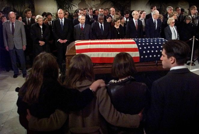 Souter and other Supreme Court justices pause at the casket of retired Supreme Court Justice Harry Blackmun as his body lies in repose in 1999.