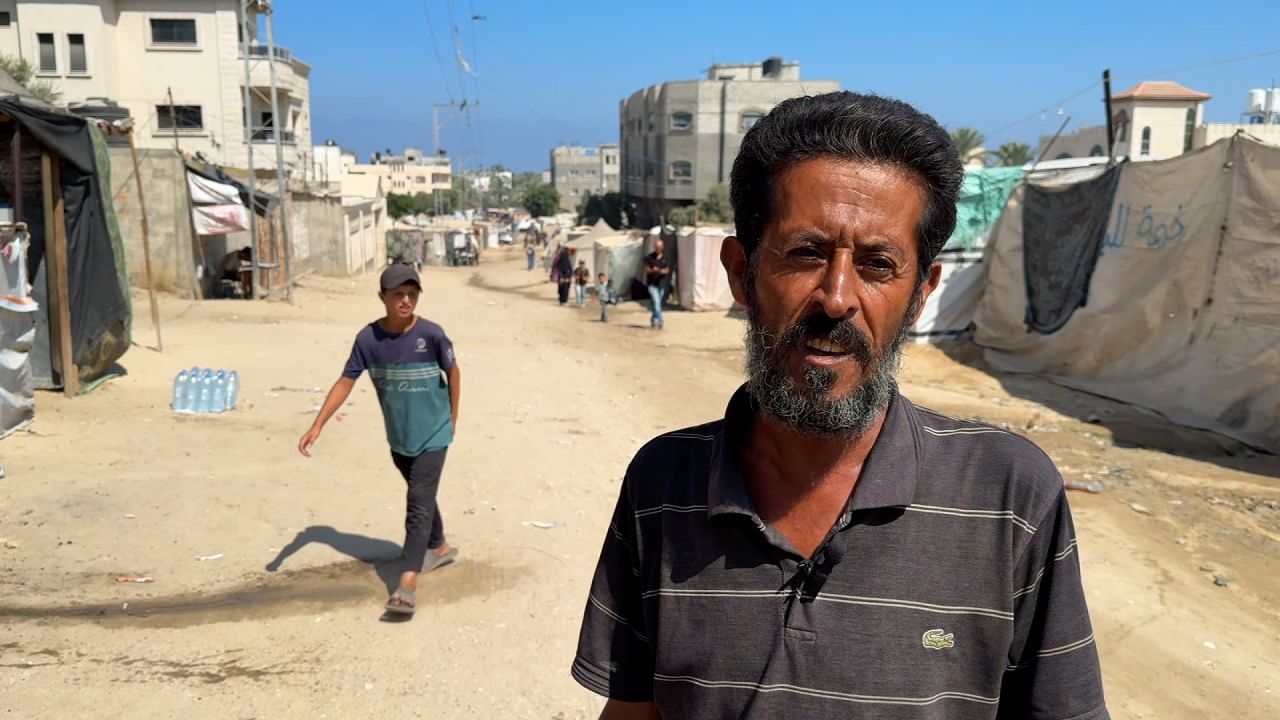 Ahmad Al Nims, a displaced Palestinian, is shown in Deir el-Balah, central Gaza, on July 31. He said the late Hamas political leader Haniyeh is “the son of Gaza.”