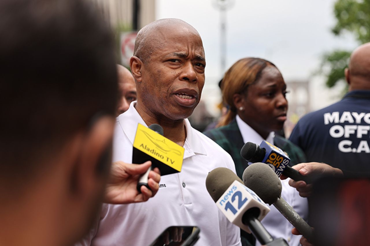 New York Mayor Eric Adams joins people as they march across the Brooklyn Bridge to protest against gun violence in the 'March for Our Lives' march and rally on June 11 in New York City. 