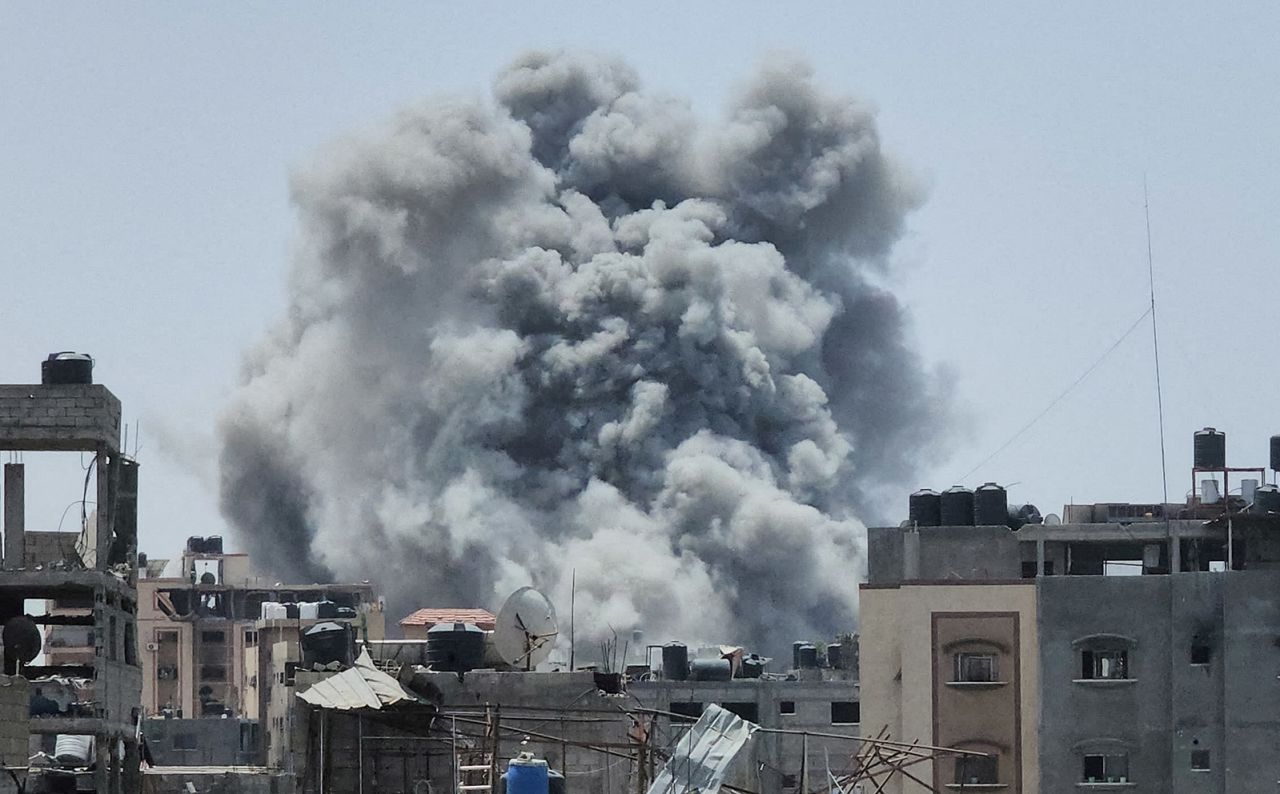 Smoke rises following an Israeli strike, in the Jabalya refugee camp in the northern Gaza Strip on May 18.