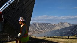 GARFIELD COUNTY, CO - OCTOBER 10: Matthew Varela works on the High Mesa Solar and Solar facility on Thursday October 10, 2024 in Garfield County, CO. Western Colorado has historically been known as a strong producer of energy. Oil and gas has a long history in Mesa and Garfield Counties as renewable energies such a solar is on the increase. (Photo by Matt McClain/The Washington Post via Getty Images)