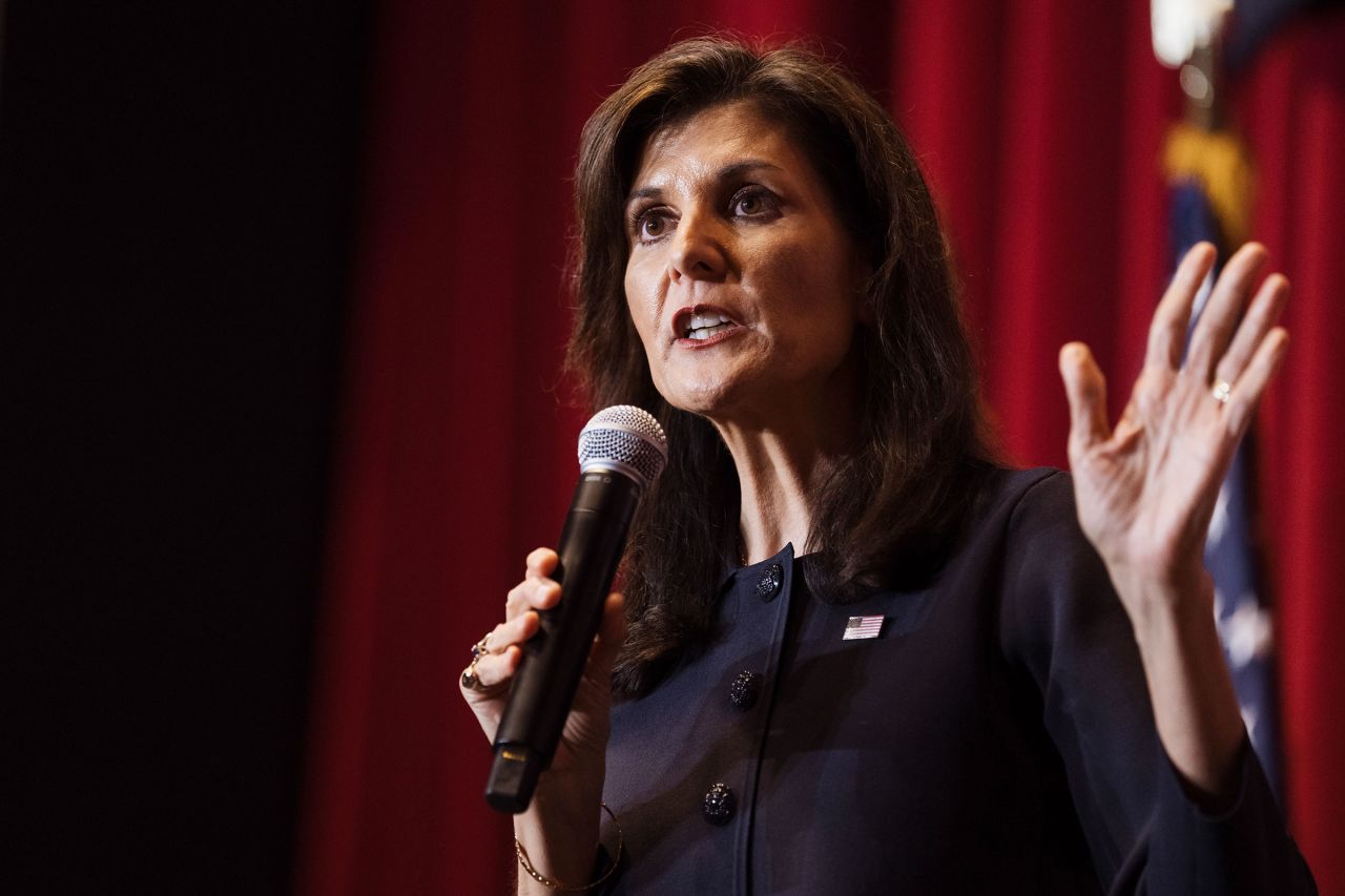 Republican presidential candidate, former U.N. Ambassador Nikki Haley speaks during a campaign event on February 7 in Los Angeles, California.?