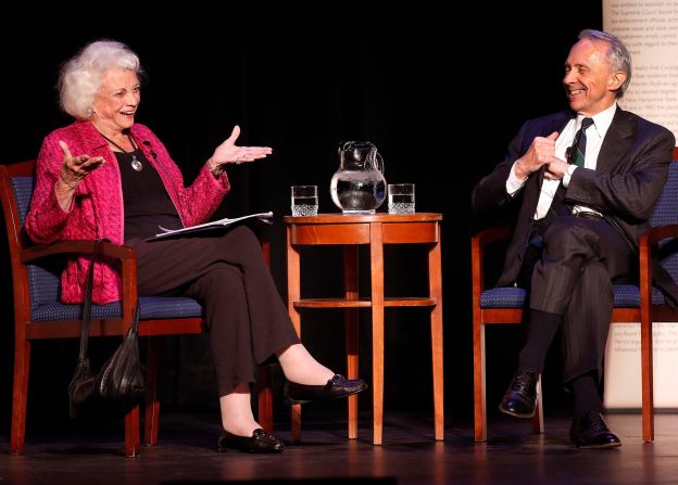 Souter jokes with retired Supreme Court Justice Sandra Day O'Connor at the start of a “Constitutionally Speaking” lecture in Concord in 2014.