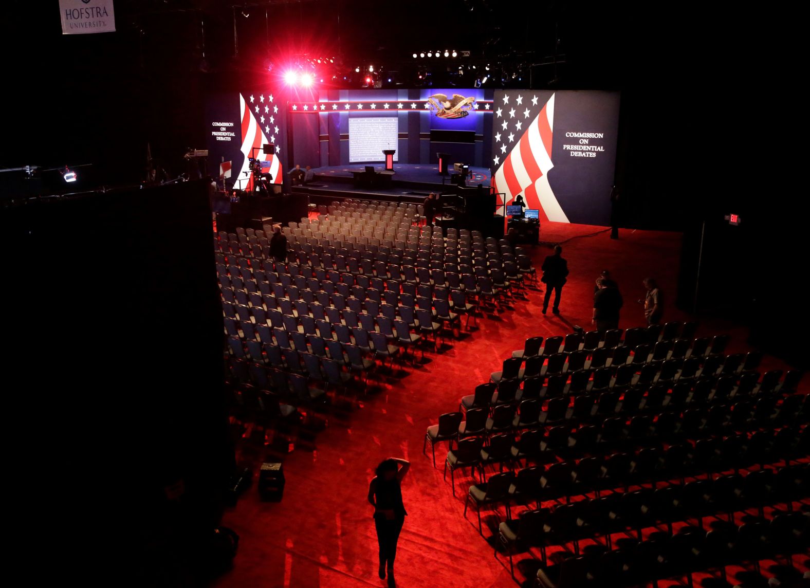 Workers at Hofstra University prepare the stage for a presidential debate between Hillary Clinton and Donald Trump in Hempstead, New York, in 2016. A record 84 million people watched the debate.