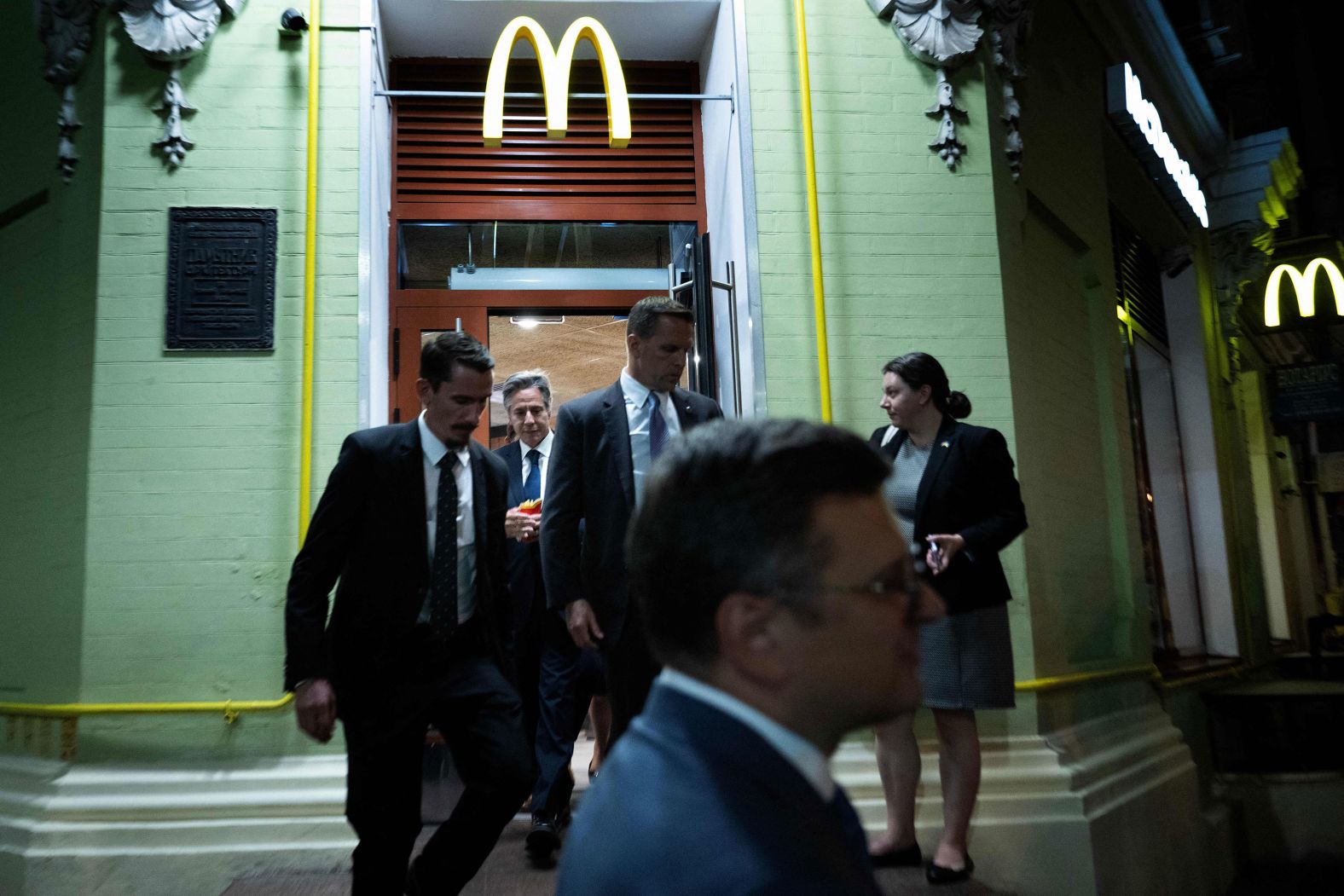 US Secretary of State Antony Blinken, second from left, leaves with french fries after eating at a McDonald’s in Kyiv, Ukraine, on Wednesday, September 6. It was Blinken’s <a href="https://www.cnn.com/2023/09/06/europe/antony-blinken-kyiv-ukraine-zelensky-intl-hnk/index.html">third trip to the capital</a> since the start of Russia’s invasion. He doubled down on US support for Kyiv’s counteroffensive and announced more than $1 billion of additional US aid.