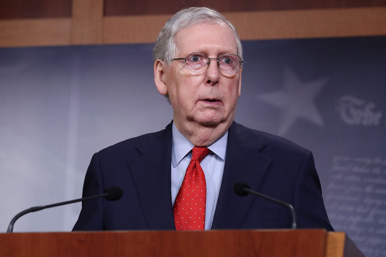 Senate Majority Leader Mitch McConnell speaks during a news briefing at the U.S. Capitol April 21, in Washington, DC.
