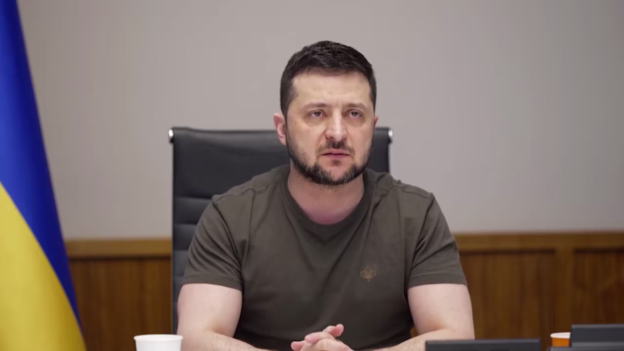 Ukrainian president Volodymyr Zelensky speaks with members of independent Russian media via video on Sunday.