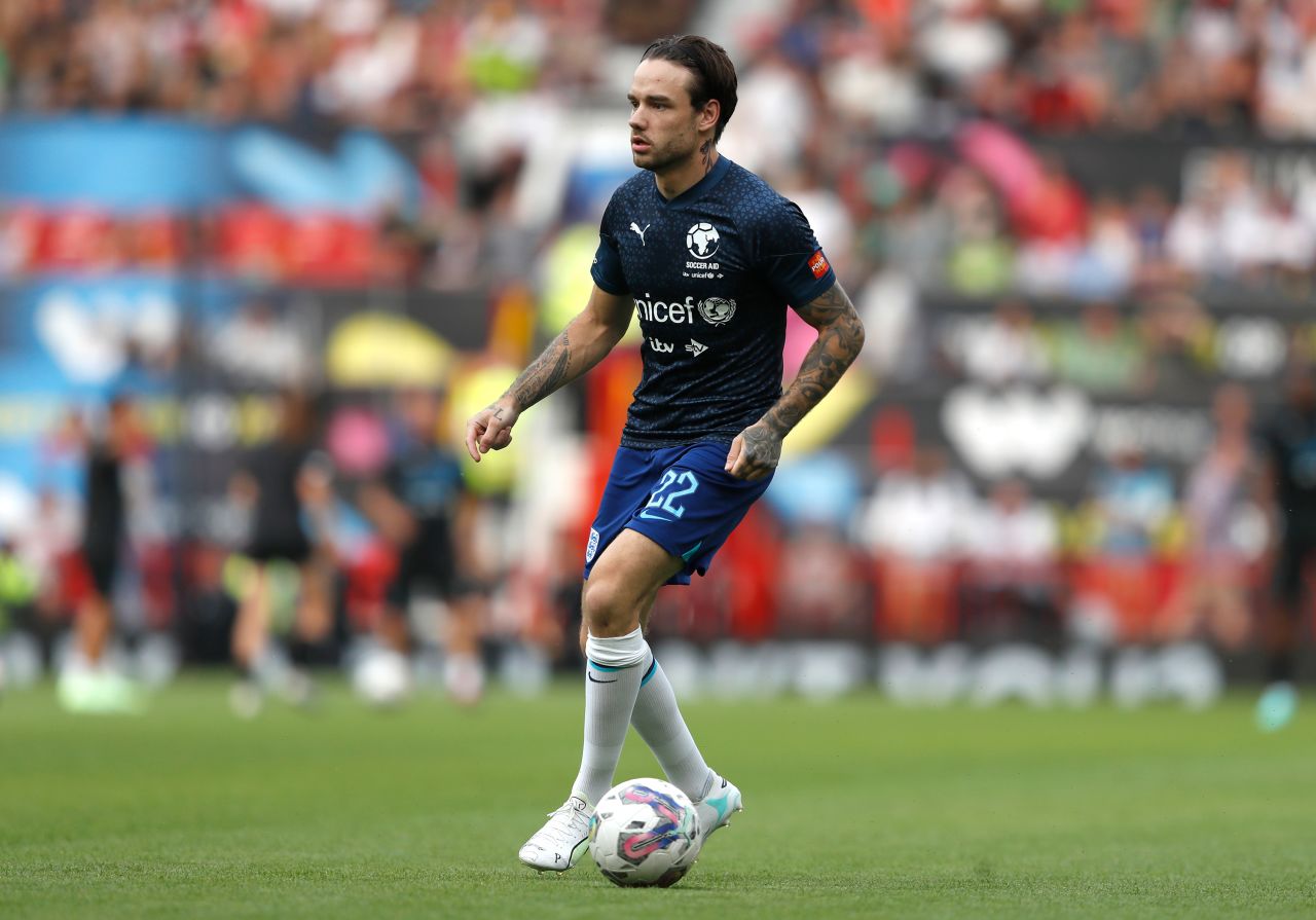 Payne warms up before the Soccer Aid for UNICEF 2023 charity match in Manchester, England.