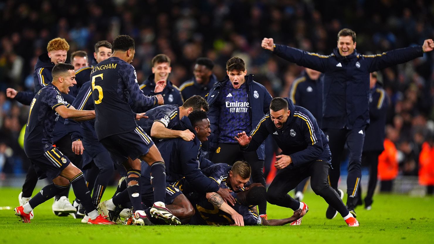 Real Madrid's players celebrate defeating Manchester City in the Champions League quarterfinals.