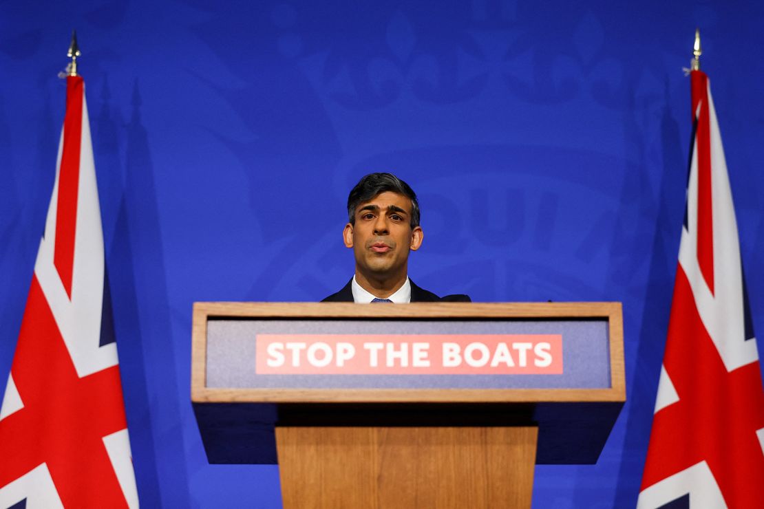 UK Prime Minister Rishi Sunak speaks during a news conference ahead of a crunch vote on the Rwanda legislation on April 22, 2024.