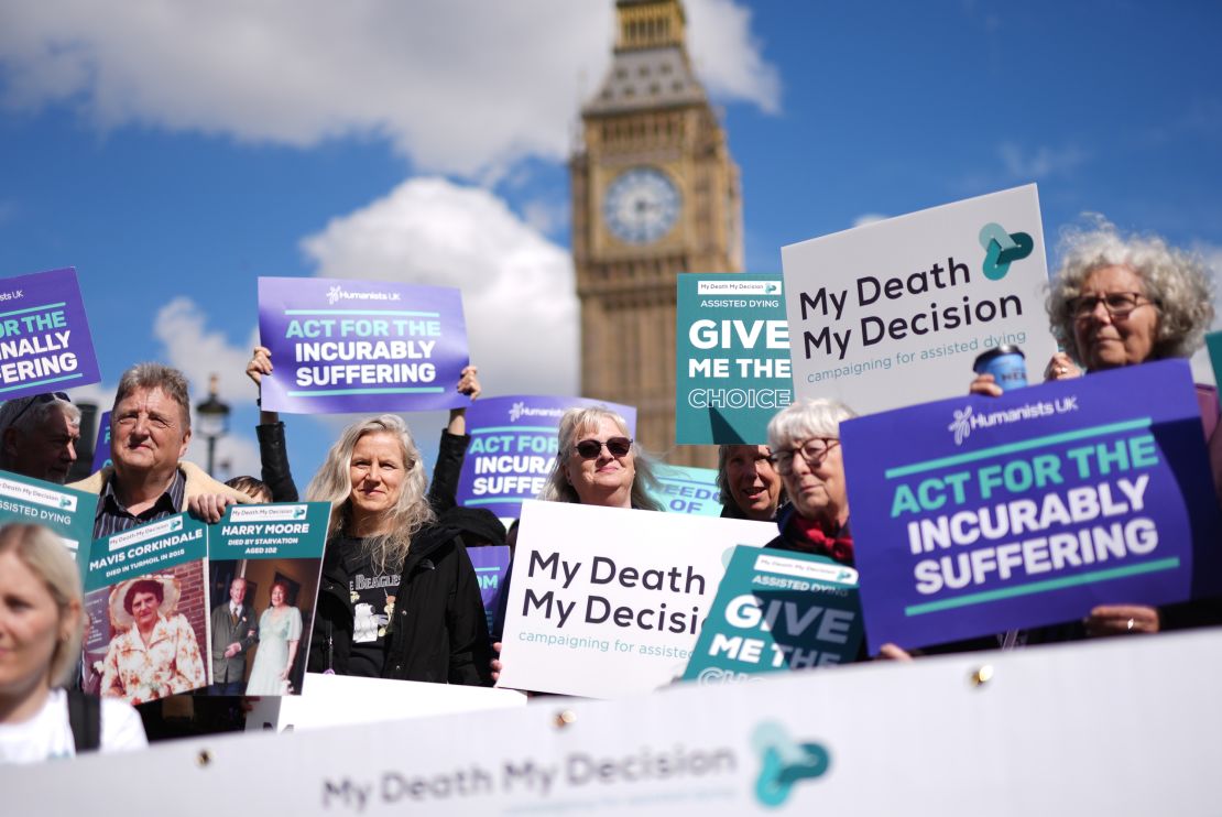 A rally in support of assisted dying in Westminster earlier this year.