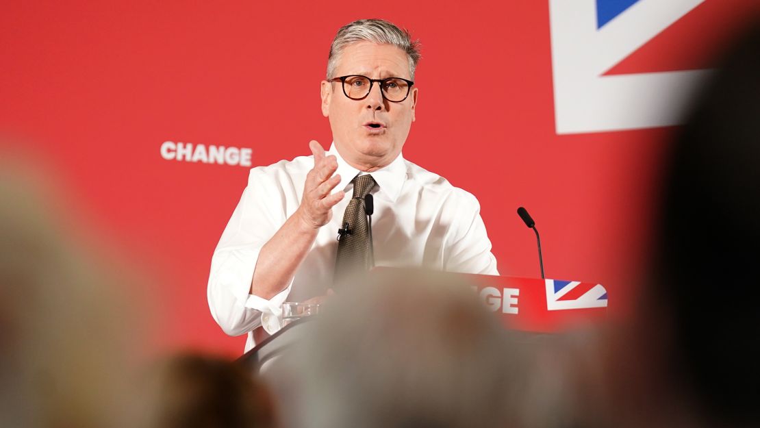 Starmer gives a keynote speech during a visit to Lancing in West Sussex on May 27, 2024, while on the general election campaign trail.