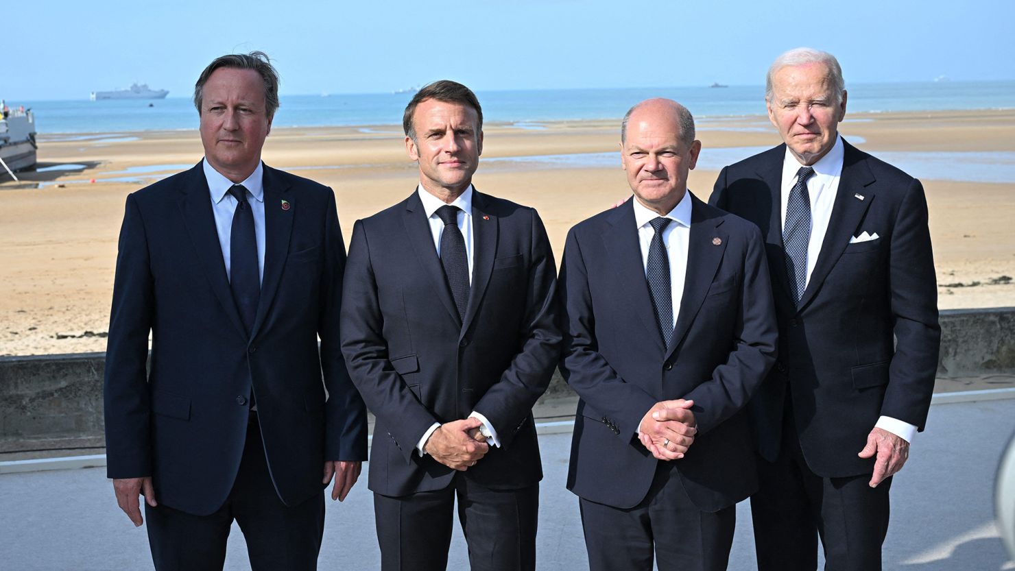 David Cameron, Britain's former prime minister and current foreign secretary (left), stepped in for Sunak to meet with world leaders and veterans.