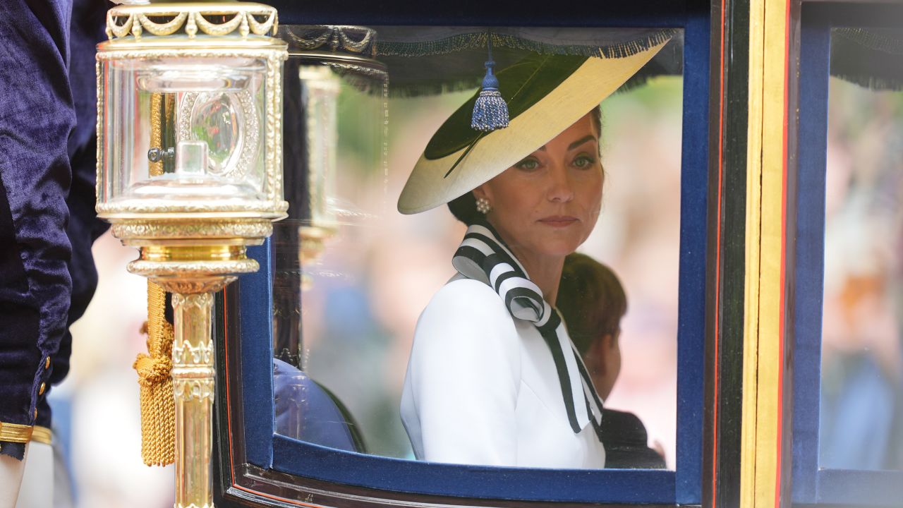 The Princess of Wales travels along The Mall to the Trooping the Colour ceremony at Horse Guards Parade, central London, to celebrate King Charles III's official birthday on her first official engagement since her diagnosis for cancer. Picture date: Saturday June 15, 2024.