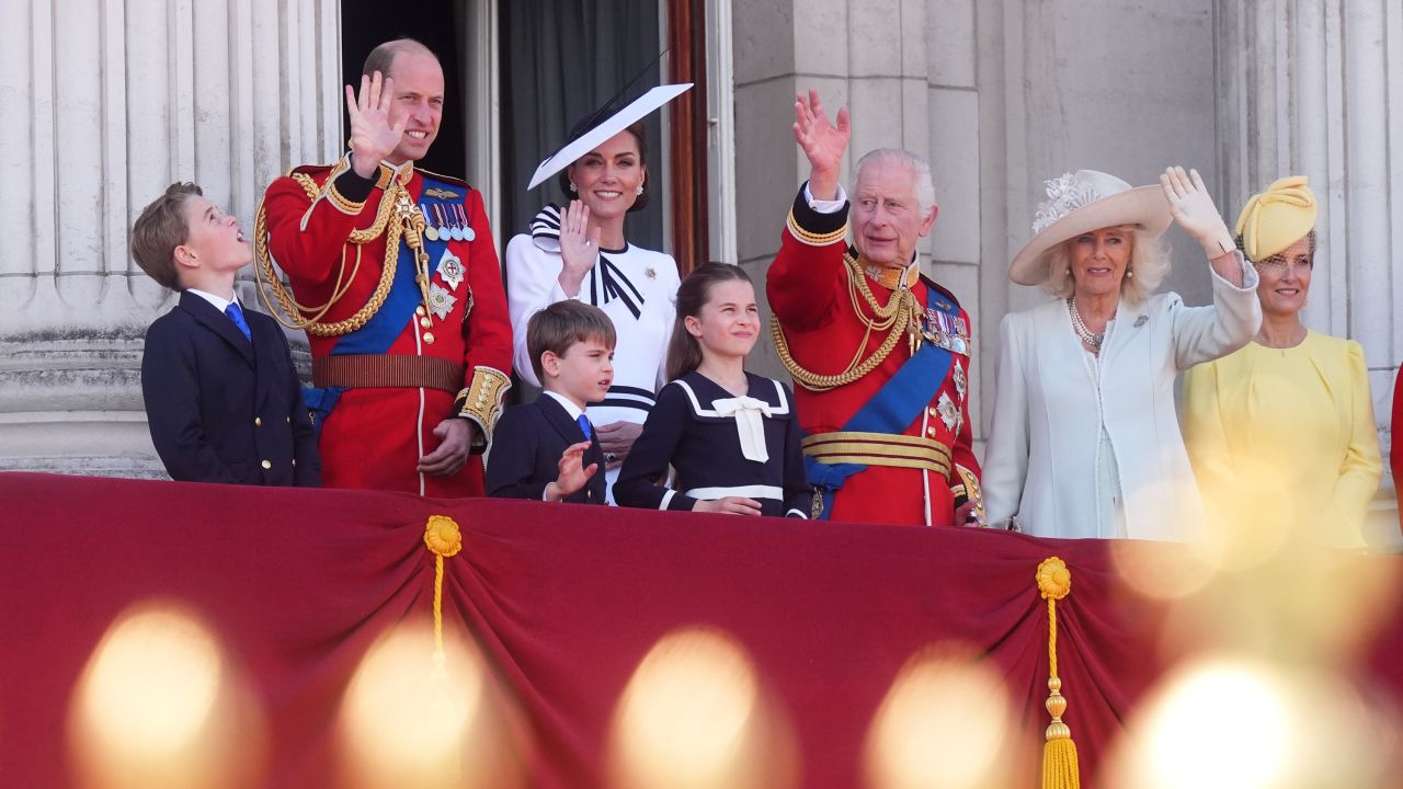 Prince George, the Prince of Wales, Prince Louis, the Princess of Wales, Princess Charlotte, King Charles III, Queen Camilla and the Duchess of Edinburgh on the balcony of Buckingham Palace, London, to view the flypast following the Trooping the Colour ceremony in central London, as King Charles celebrates his official birthday. Picture date: Saturday June 15, 2024.