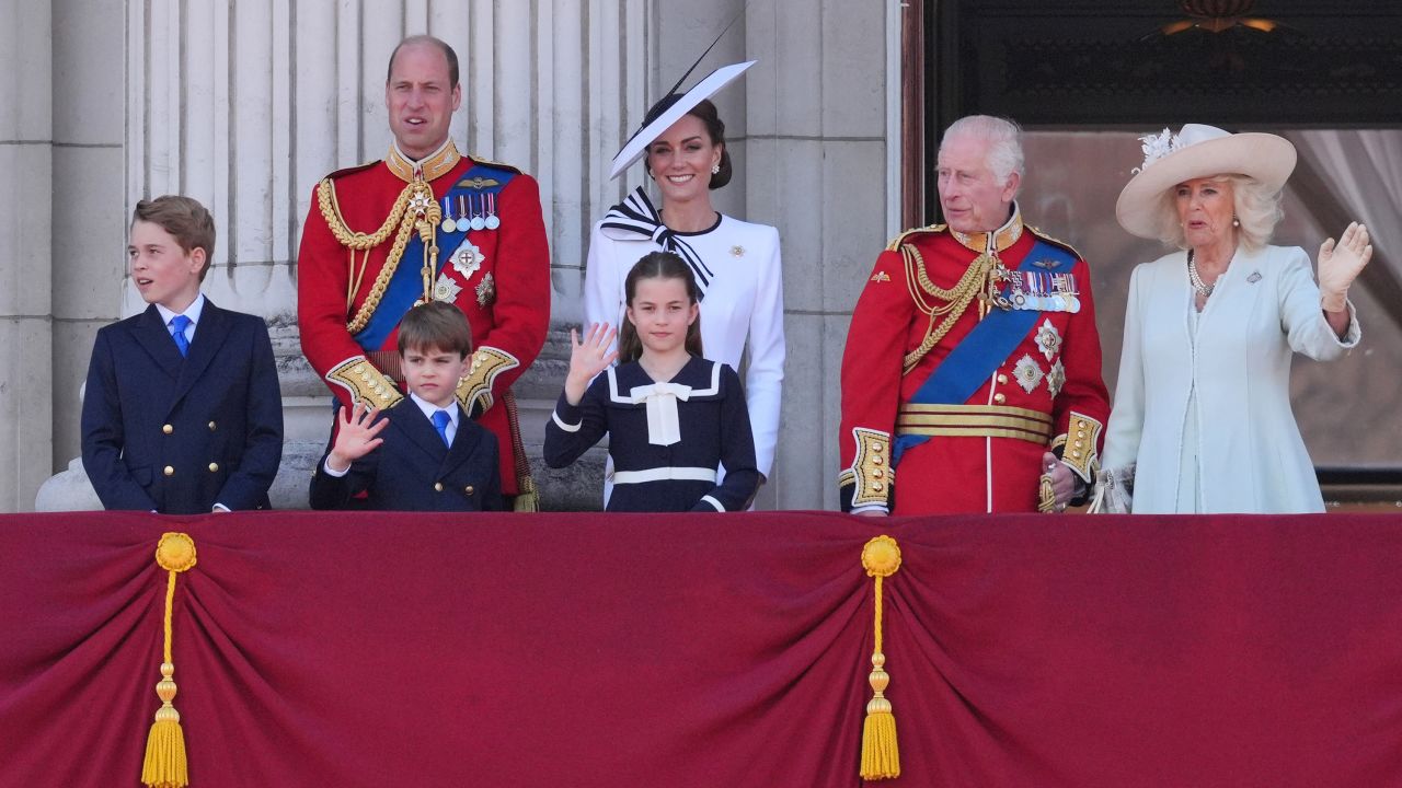 Prince George, the Prince of Wales, Prince Louis, the Princess of Wales, Princess Charlotte, King Charles III and Queen Camilla on the balcony of Buckingham Palace, London, to view the flypast following the Trooping the Colour ceremony in central London, as King Charles celebrates his official birthday. Picture date: Saturday June 15, 2024.