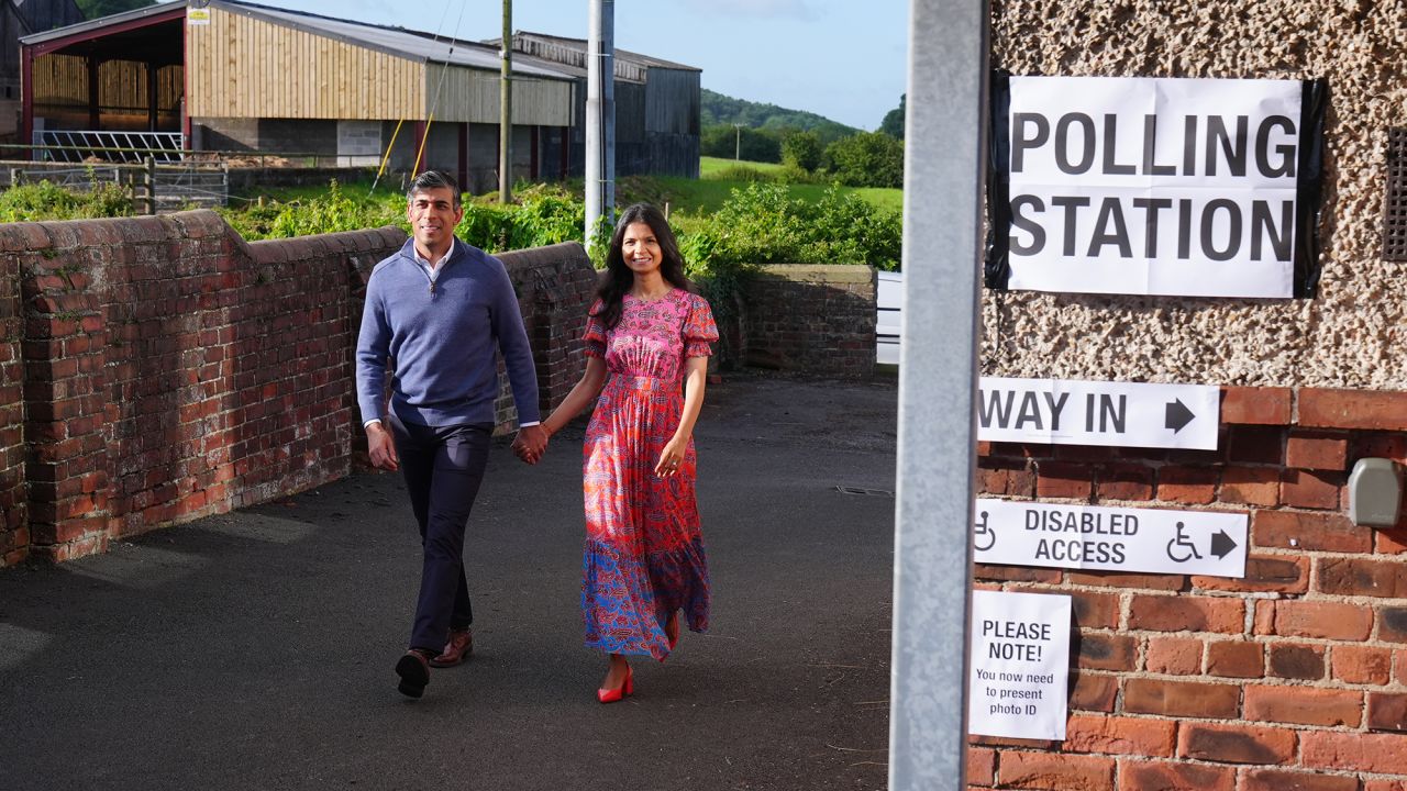 Prime Minister Rishi Sunak and his wife, Akshata Murty, arrive to cast their vote in the 2024 General Election at Kirby Sigston Village Hall in Northallerton, North Yorkshire. Picture date: Thursday July 4, 2024. PA Photo. See PA story POLITICS Election. Photo credit should read: Owen Humphreys/PA Wire 