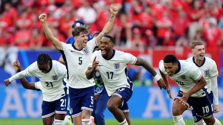 England players celebrate after beating Switzerland on penalties at Euro 2024.