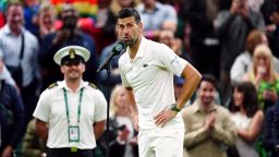 Novak Djokovic is interviewed on court after beating Holger Rune on day eight of the 2024 Wimbledon Championships at the All England Lawn Tennis and Croquet Club, London. Picture date: Monday July 8, 2024. PA Photo. See PA story TENNIS Wimbledon. Photo credit should read: Mike Egerton/PA Wire.

RESTRICTIONS: Editorial use only. No commercial use without prior written consent of the AELTC. Still image use only - no moving images to emulate broadcast. No superimposing or removal of sponsor/ad logos.