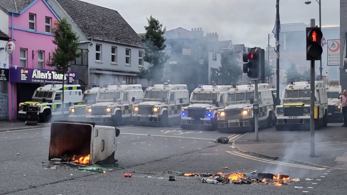 Officers man road blocks in Belfast following an anti-Islam protest outside Belfast City Hall on Saturday.