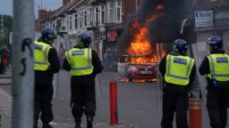 A car burns during an anti-immigration protest in Middlesbrough. Picture date: Sunday August 4, 2024. PA Photo. See PA story POLICE Southport . Photo credit should read: Owen Humphreys/PA Wire 