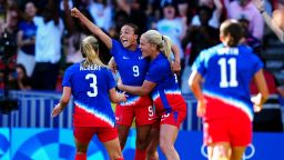 USA's Mallory Swanson celebrates scoring the opening goal during the Women's Gold Medal Match against Brazil, at Parc des Princes, Paris, on the fifteenth day of the 2024 Paris Olympic Games in France. Picture date: Saturday August 10, 2024.