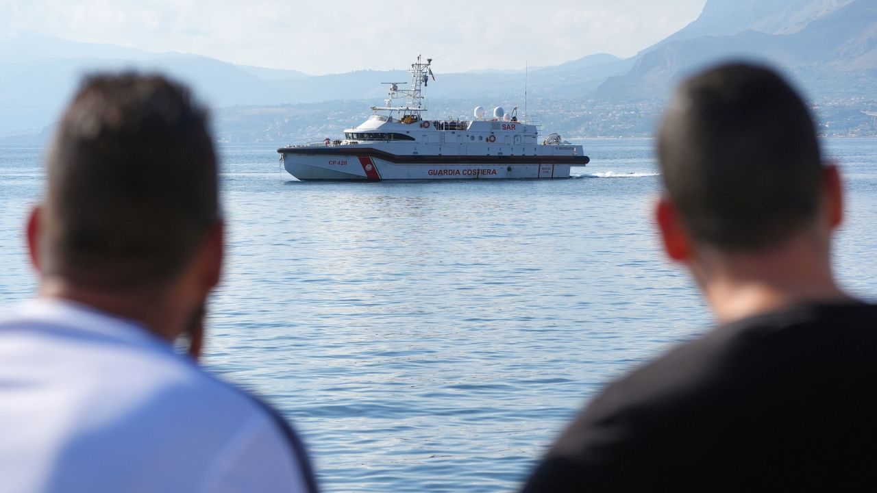 An Italian coastguard boat on the water on the fifth day of the search and recovery operation after the luxury yacht Bayesian sank in a storm on Monday whilst moored around half a mile off the coast of Porticello, Sicily. The search continues for the final person missing from the wreck of the yacht after five bodies were brought to shore in the small fishing village of Porticello. Picture date: Friday August 23, 2024. PA Photo. Technology tycoon Mike Lynch, his daughter Hannah, Morgan Stanley International bank chairman Jonathan Bloomer, his wife Judy Bloomer, Clifford Chance lawyer Chris Morvillo, and his wife Neda Morvillo were lost when the Bayesian sank at around 5am on Monday. See PA story ACCIDENT Italy. Photo credit should read: Jonathan Brady/PA Wire