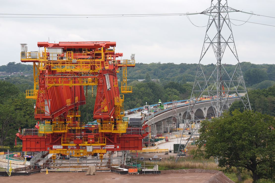 The final deck segment of the Colne Valley Viaduct is lowered and fixed into place at Maple Cross, Hertfordshire, in September 2024.