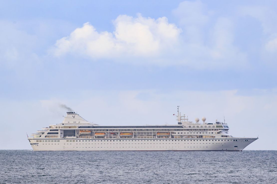 Sharon Lane bought a cabin on board Villa Vie Odyssey, pictured, a residential cruise ship circumnavigating the globe.