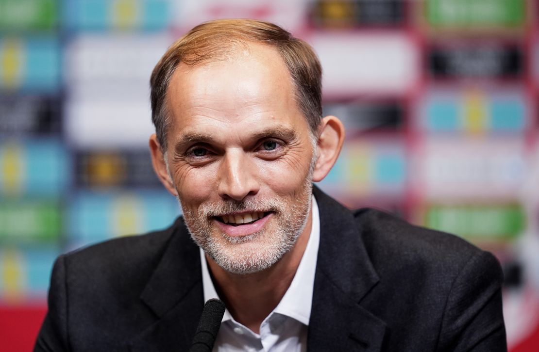 Tuchel speaks to reporters at Wembley.