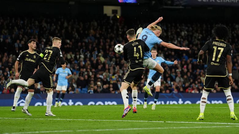 Manchester City's Erling Haaland (centre right) scores their side's second goal of the game during the UEFA Champions League group stage match at the Etihad Stadium, Manchester. Picture date: Wednesday October 23, 2024. PA Photo. See PA story SOCCER Man City. Photo credit should read: Martin Rickett/PA Wire.

RESTRICTIONS: Use subject to restrictions. Editorial use only, no commercial use without prior consent from rights holder.
