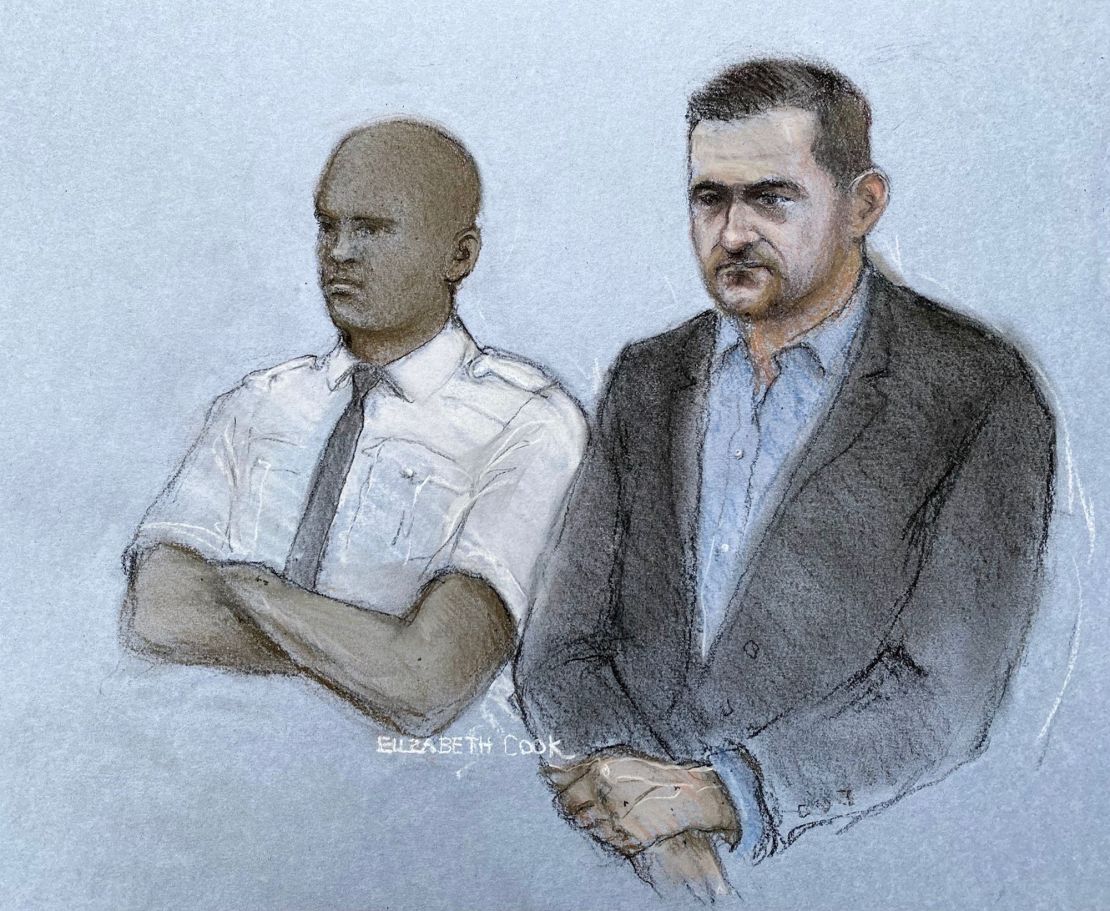 Court artist's drawing of political activist Tommy Robinson (right), whose real name is Stephen Yaxley-Lennon, appearing at London's Woolwich Crown Court on Monday.