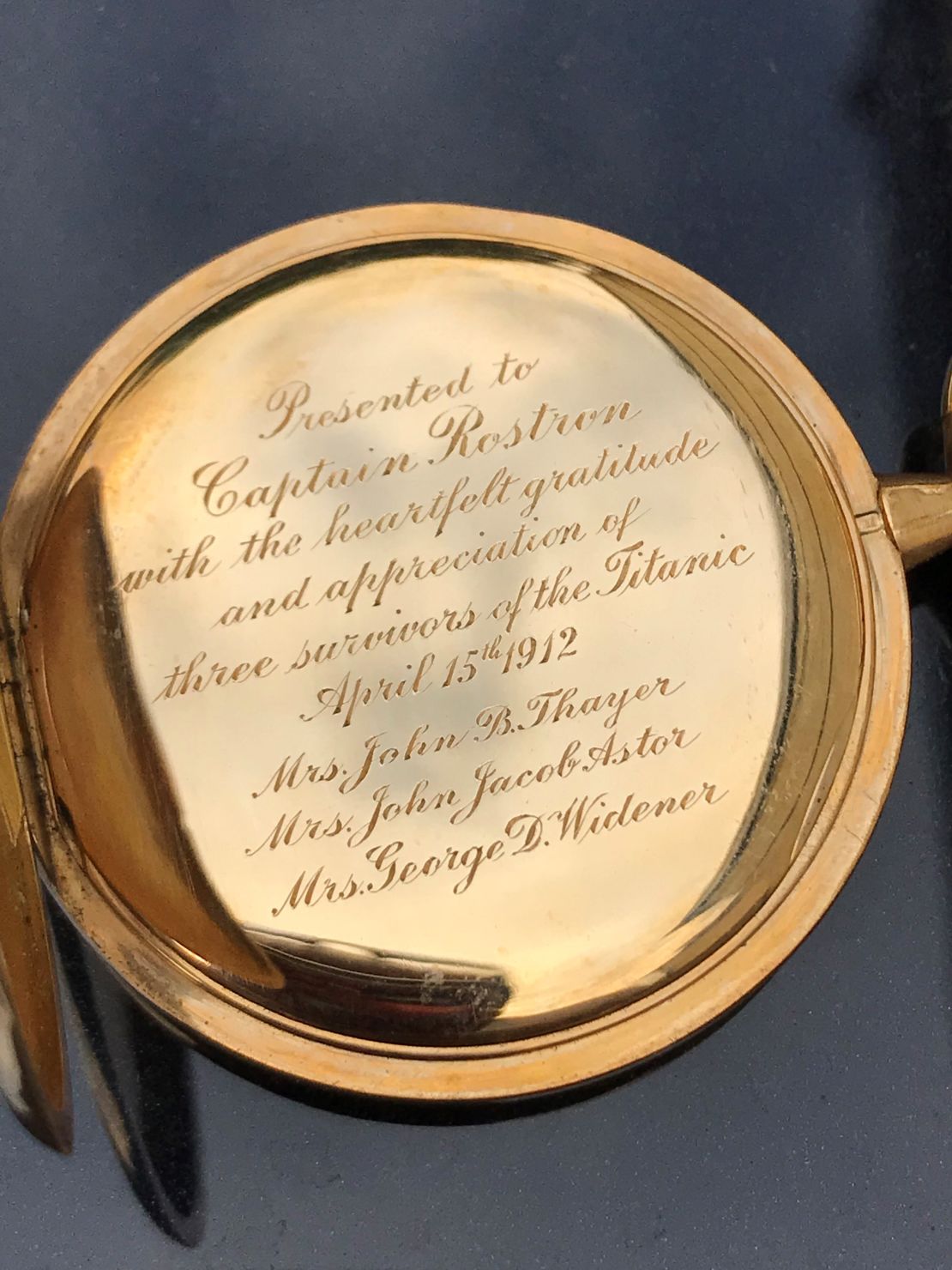 The gold pocket watch was inscribed with a message from the three surviving widows to mark their "heartfelt gratitude and appreciation" for Captain Rostron.