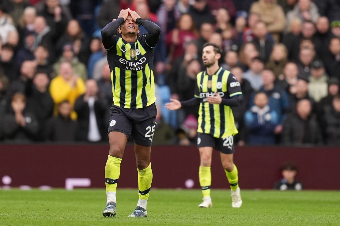 Manchester City's Manuel Akanji (left) reacts against Aston Villa.