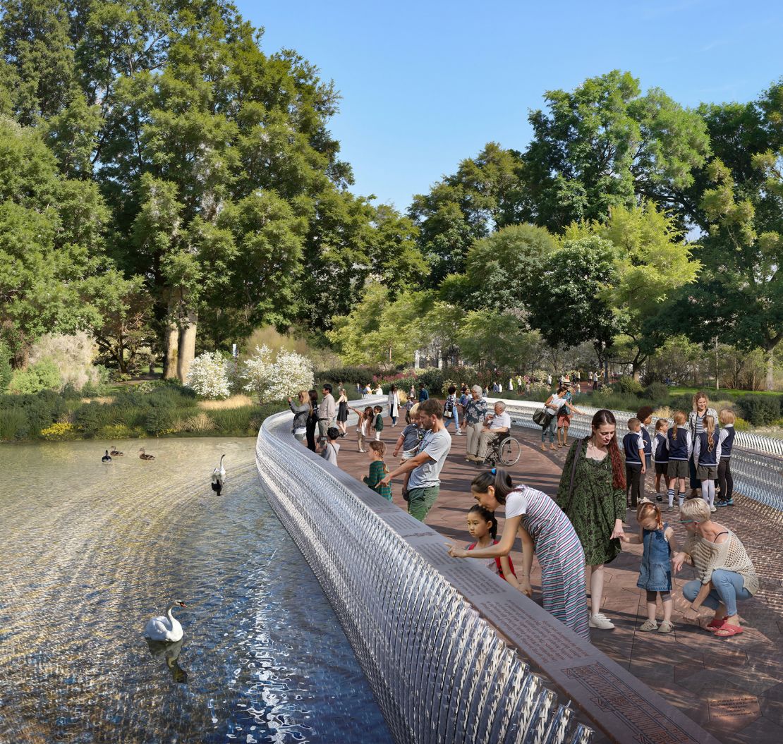 The bridge is one part of a design which also includes gardens, paths and statues.