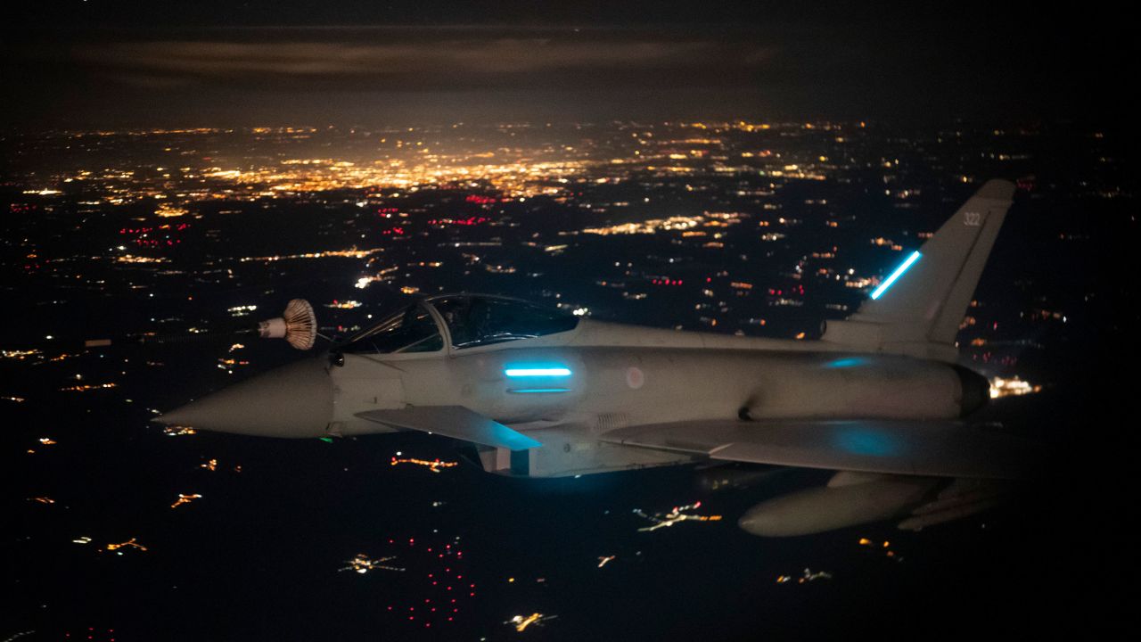 EMBARGOED TO 2230 SATURDAY SEPTEMBER 20

A Royal Air Force FGR4 Typhoon (Callsign Chaos One, armed with ASRAAM air-to-air missiles, is seen from inside an RAF Voyager air-refuelling tanker during the first Royal Air Force "Eastern Sentry" deployment over Poland, 70 miles from the Belarusian border in the location Russian drones were shot down, as the UK deploys RAF jets to Poland to support Nato's Eastern Sentry mission, in response to Russian drones violating the country's airspace. Picture date: Friday September 19, 2025. PA Photo. Photo credit should read: Ben Birchall/PA Wire