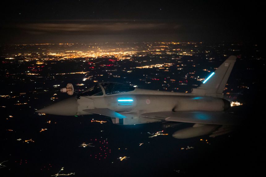 A Royal Air Force Typhoon fighter jet flies over Poland on September 19, 2025, as part of NATO's "Eastern Sentry" mission in response to Russian drones violating the country's airspace.