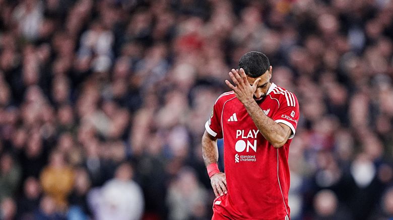Liverpool's Mohamed Salah reacts during the Premier League match at Anfield, Liverpool. Picture date: Sunday October 19, 2025.