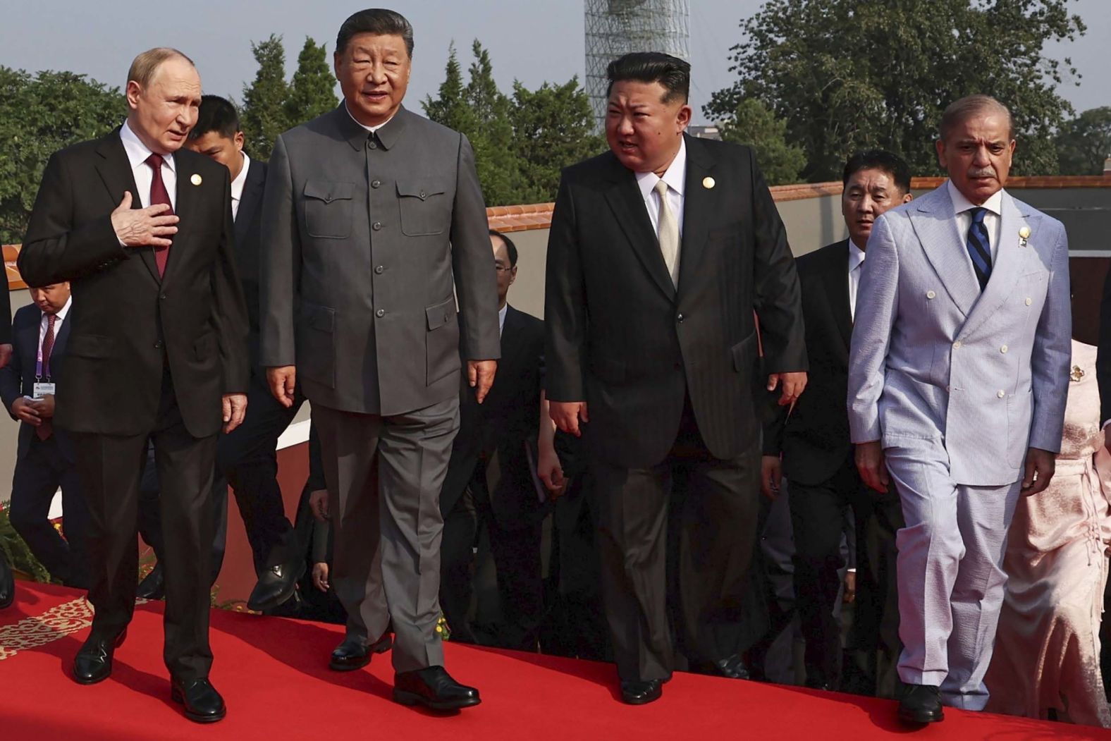 From left, Russian President Vladimir Putin, Chinese leader Xi Jinping, North Korean leader Kim Jong Un and Pakistani Prime Minister Shehbaz Sharif arrive at a <a href="index.php?page=&url=https%3A%2F%2Fwww.cnn.com%2F2025%2F09%2F03%2Fworld%2Fgallery%2Fin-pictures-chinas-80th-victory-day-parade">military parade in Beijing</a> on Wednesday, September 3. Xi presided over the parade, which marked the 80th anniversary of the end of World War II. Xi, Putin and Kim <a href="index.php?page=&url=https%3A%2F%2Fwww.cnn.com%2F2025%2F09%2F03%2Fchina%2Fchina-military-parade-authoritarian-leaders-intl-hnk">had never appeared together in public before</a>.