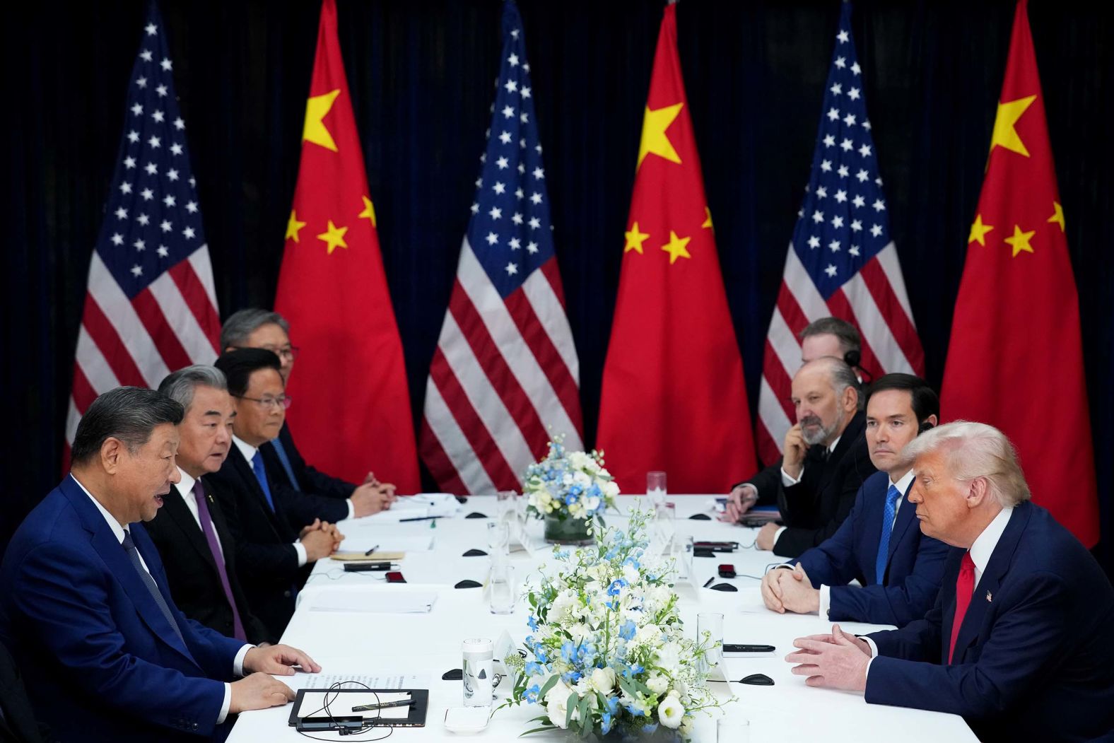 US President Donald Trump, bottom right, speaks with Chinese leader Xi Jinping during a <a href="index.php?page=&url=https%3A%2F%2Fwww.cnn.com%2F2025%2F10%2F29%2Fasia%2Fus-china-trump-xi-meet-south-korea-intl-hnk">bilateral meeting</a> in Busan, South Korea, on Thursday, October 30. The meeting appears to have made major strides to resolve frictions in the volatile relationship between the two’s largest economies and rival superpowers. The two leaders had agreed on “almost everything” and reached a trade deal that could be signed “pretty soon,” Trump told reporters on Air Force One.