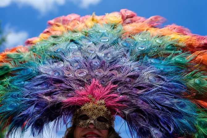 A person wears a mask before the <a  target="_top" href="/newspapers?url=https://www.cnn.com/2025/06/08/politics/dc-world-pride-lgbtq-trump">World Pride parade</a> in Washington, DC, on Saturday, June 7. This year marked the 50th anniversary of Pride celebrations in the nation’s capital.