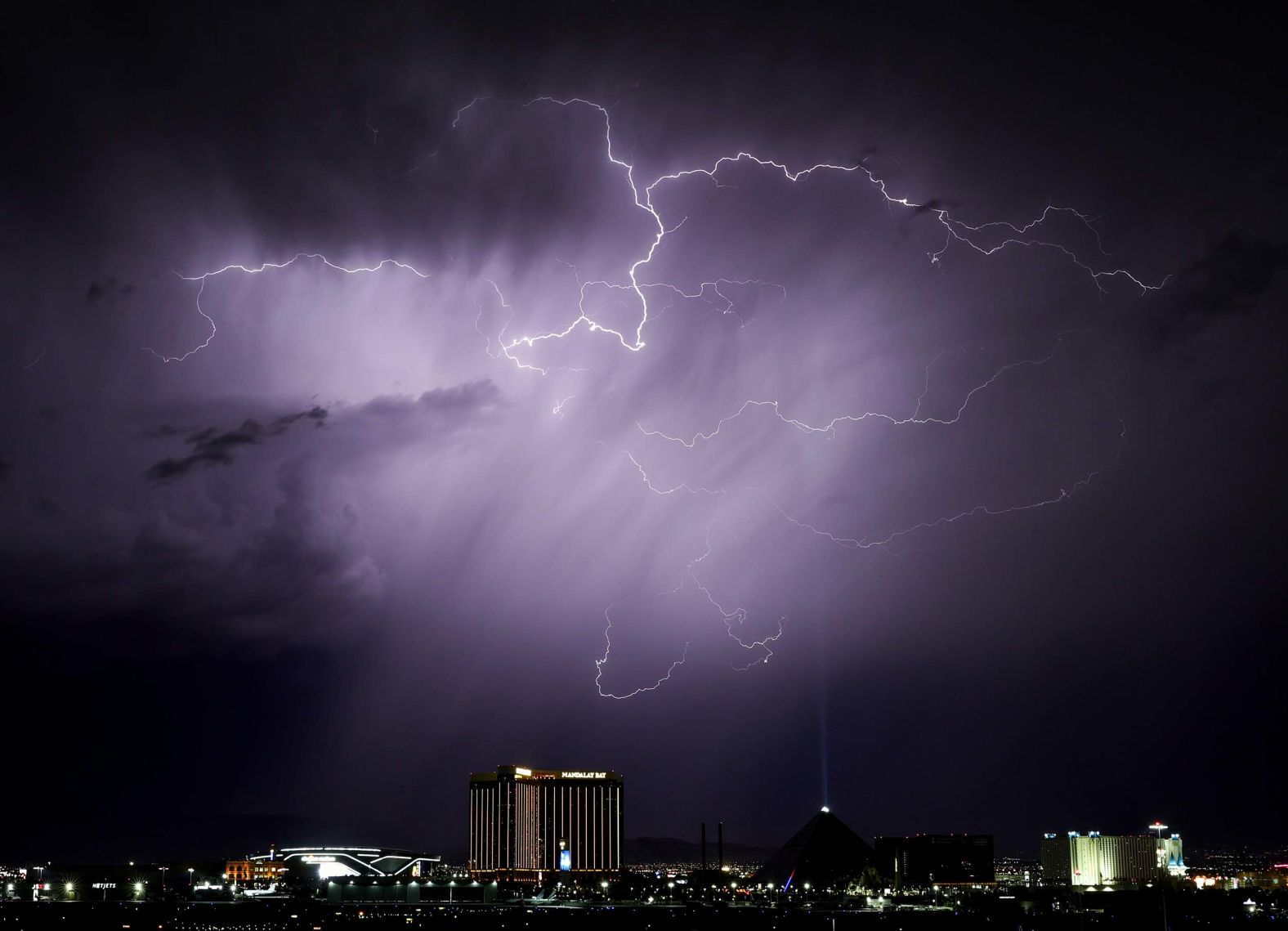 Lightning strikes over the Las Vegas Strip during a severe thunderstorm on Saturday, September 6.