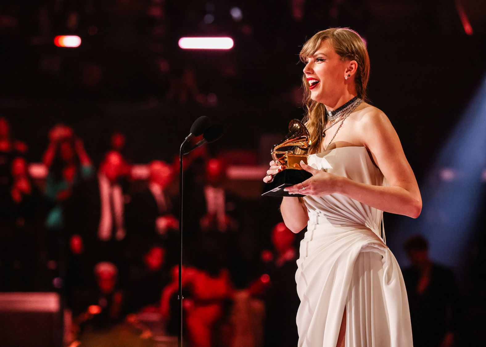 Taylor Swift accepts the Grammy Award for album of the year (“Midnights”) on Sunday, February 4. She is the first artist to win album of the year four times. <a href="index.php?page=&url=https%3A%2F%2Fwww.cnn.com%2F2024%2F02%2F04%2Fentertainment%2Fgallery%2Fgrammy-awards-2024%2Findex.html">See more photos from the Grammys</a>.