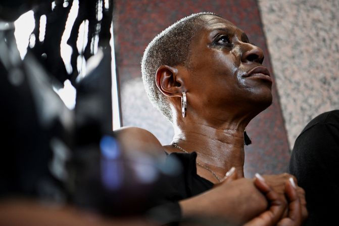 Zsa Zsa Floyd, George Floyd's eldest sister, sheds a tear during a memorial service in Pearland, Texas, marking <a  target="_top" href="/newspapers?url=https://www.cnn.com/2025/05/25/us/loved-ones-george-floyd-legacy">the fifth anniversary of his death</a> on Sunday, May 25. Floyd’s death sparked massive protests across the nation over police brutality. The four former police officers involved in his death were later convicted on both state and federal crimes.