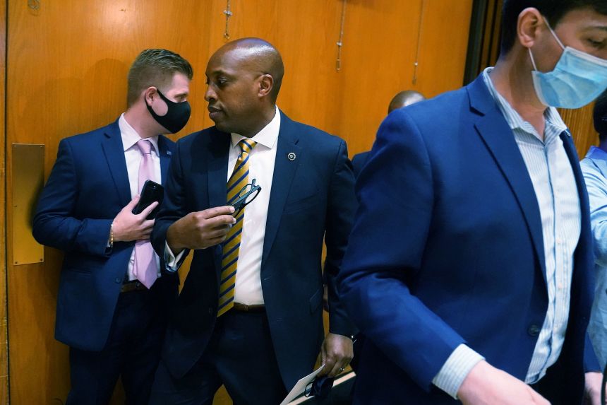 Rodney Harrison departs a press conference in Manhattan in July 2020.