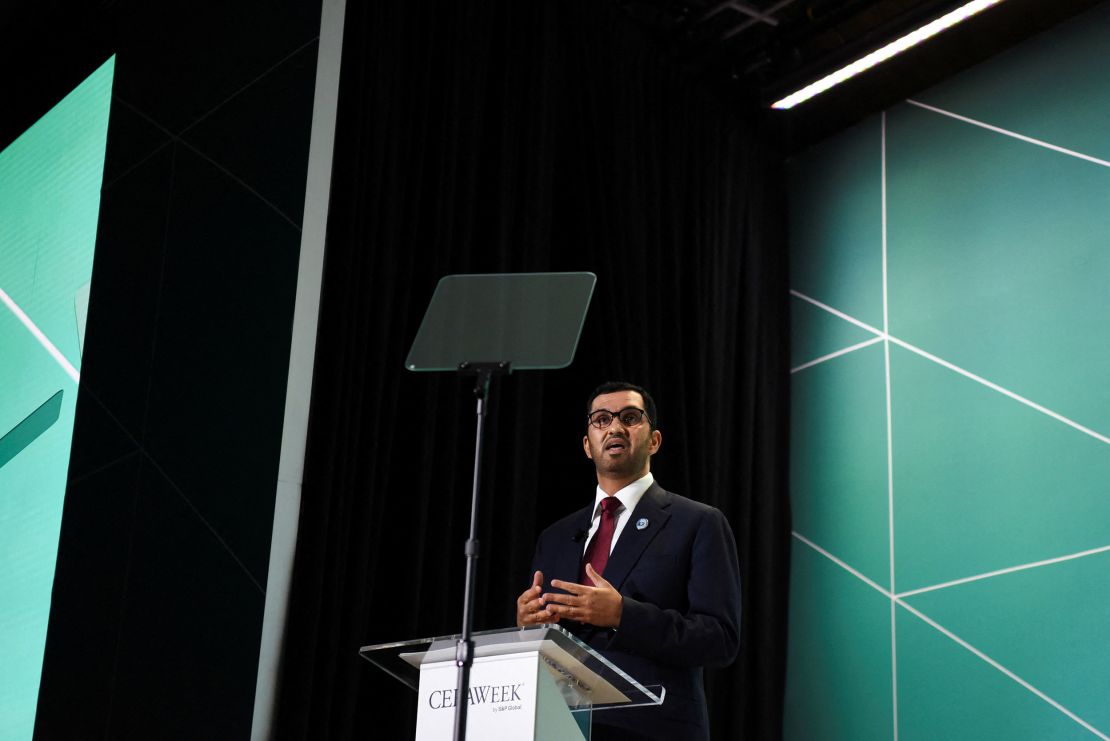 Sultan Al Jaber delivering a speech during the CERAWeek 2023 energy conference in Houston on March 6, 2023.