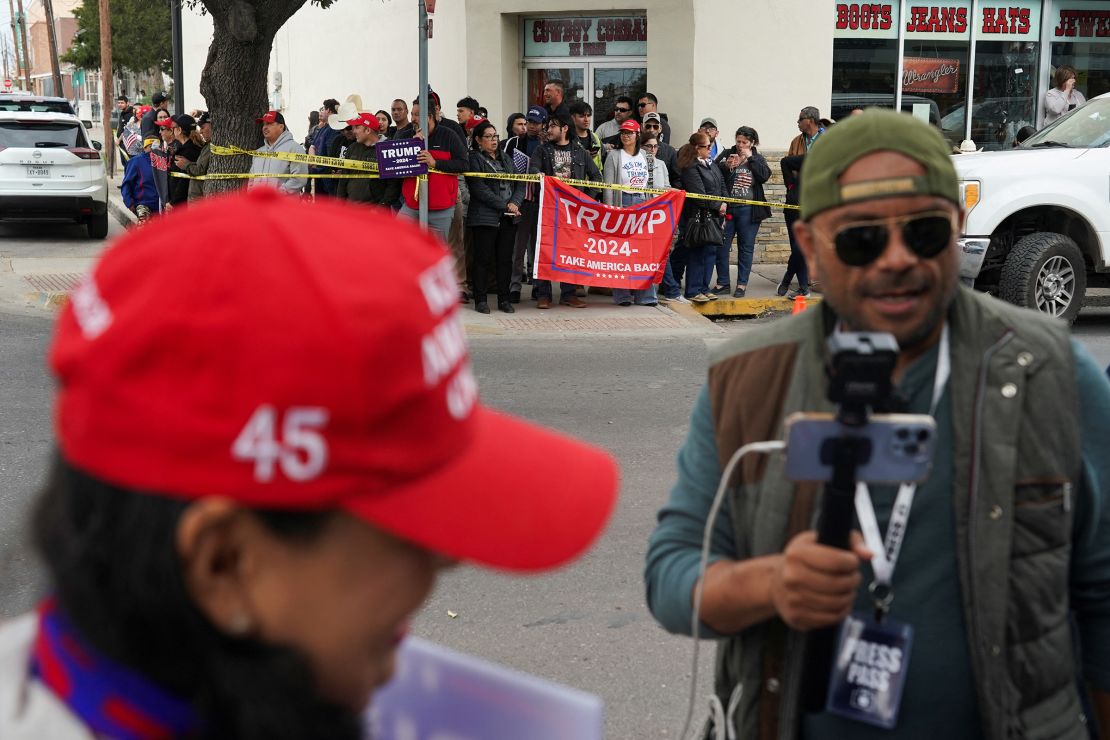 Supporters of then-Republican presidential candidate Donald Trump gather outside Shelby Park in Eagle Pass, Texas, on February 29, 2024, the day Trump visits the U.S.-Mexico border at Eagle Pass.