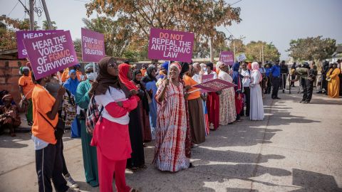 Gambians protest against a bill aimed at decriminalizing female genital mutilation as parliament debates the bill in Banjul, Gambia March, 18, 2024.